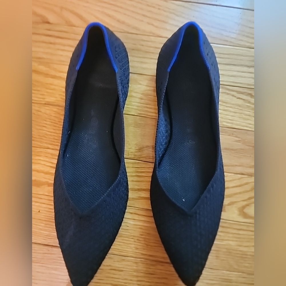 Rothy's Black Pointed Knit Flats with Blue Trim